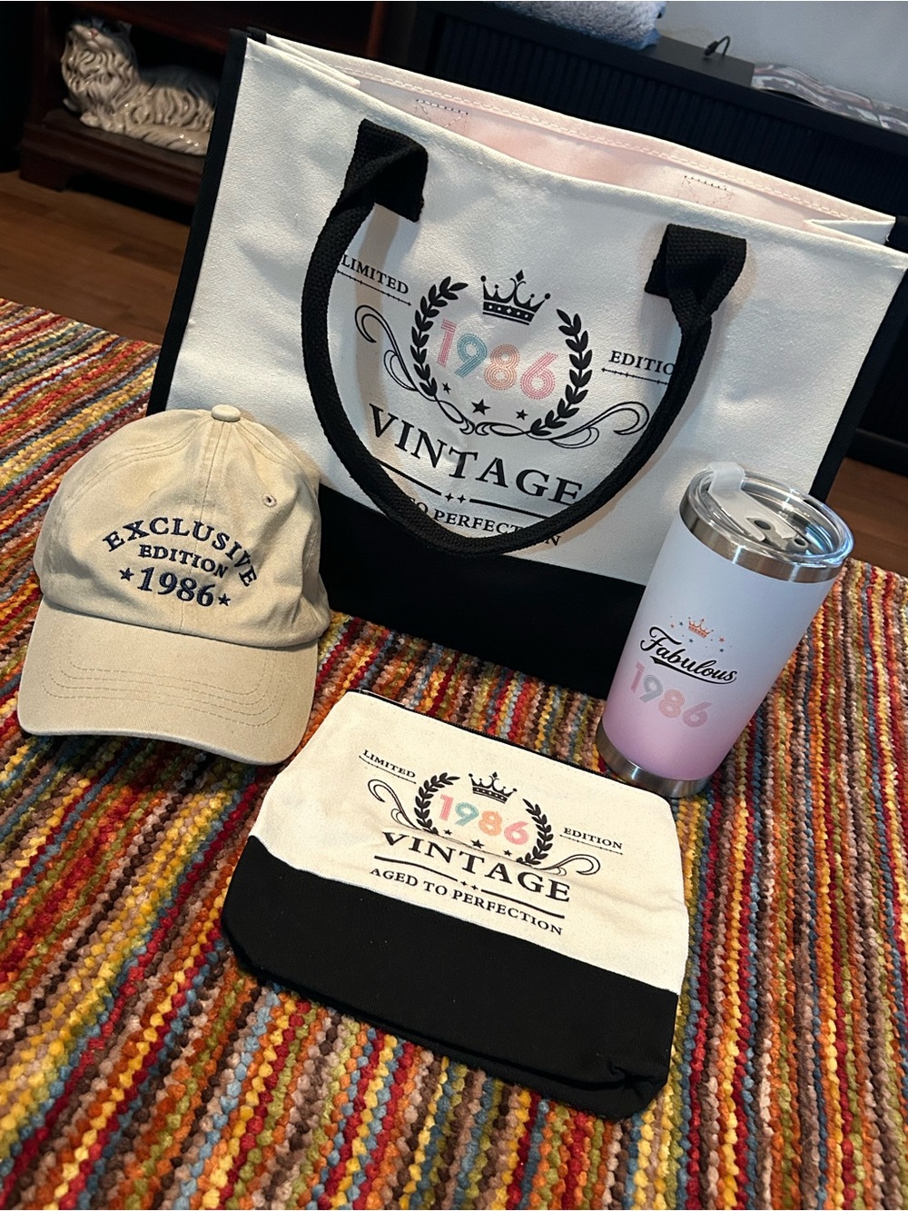 Canvas Vintage 1986 birth year Tote tumbler ball cap bundle New